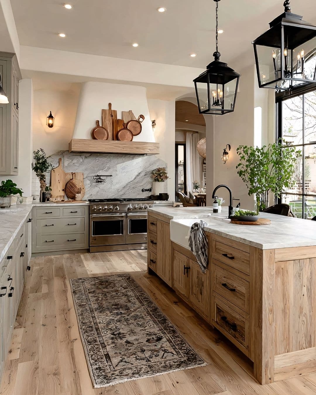 Bright farmhouse kitchen in a staged mountain home